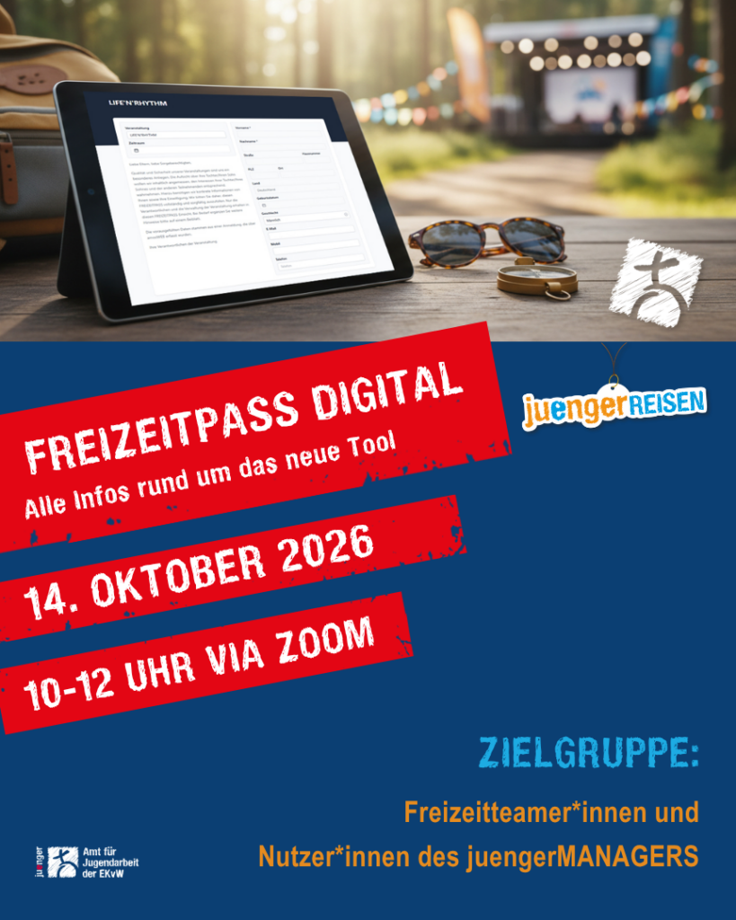 Tablet mit digitalem Anmeldeformular für den Freizeitpass Digital vor unscharfem Veranstaltungsbereich im Freien. Hinweis auf die Online-Infoveranstaltung zum neuen Tool am 14. Oktober 2026.