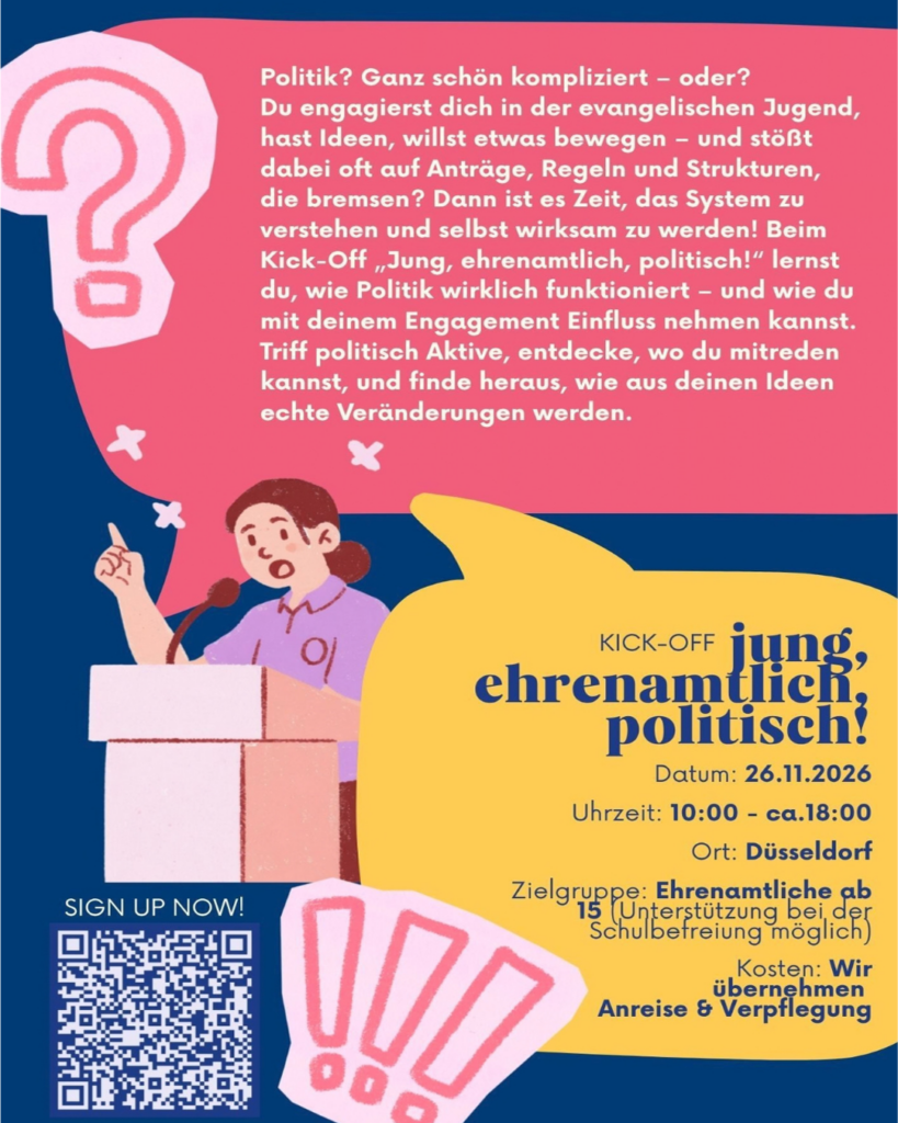 Kick-Off „Jung, ehrenamtlich, politisch!“ in Düsseldorf: Informationsveranstaltung für junge Ehrenamtliche ab 15 Jahren zum politischen Engagement mit Vortrag, Diskussion und Beteiligungsmöglichkeiten.