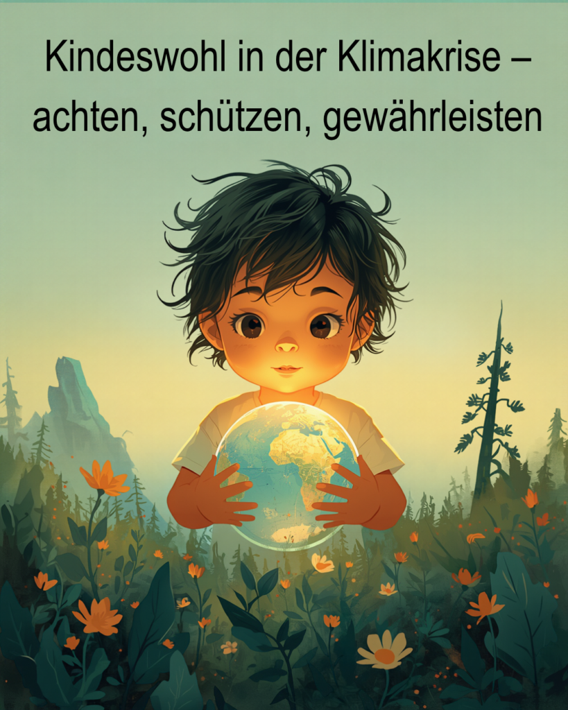 Illustration eines Kindes, das eine leuchtende Erdkugel in den Händen hält, umgeben von Pflanzen und einer von der Klimakrise geprägten Landschaft. Titel: „Kindeswohl in der Klimakrise – achten, schützen, gewährleisten“