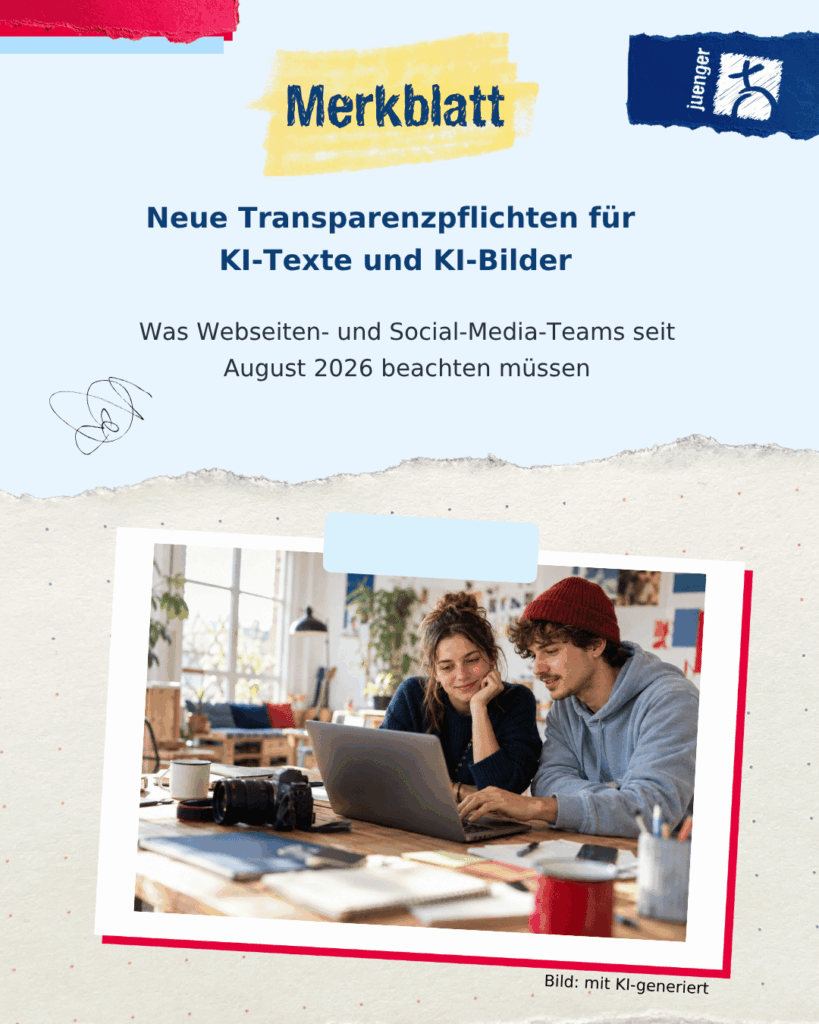 Titelgrafik zum Merkblatt „Neue Transparenzpflichten für KI-Texte und KI-Bilder“. Zu sehen sind zwei junge Menschen, die gemeinsam an einem Laptop arbeiten. Das Bild ist im juenger-Design mit Papier-, Farb- und Collageelementen gestaltet.