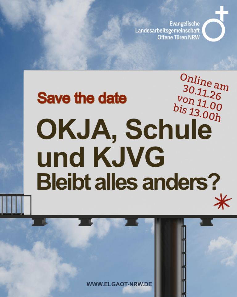 Veranstaltungsgrafik der Evangelischen Landesarbeitsgemeinschaft Offene Türen NRW zur Online-Fachtagung „OKJA, Schule und KJVG – Bleibt alles anders?“ am 30.11.2026
