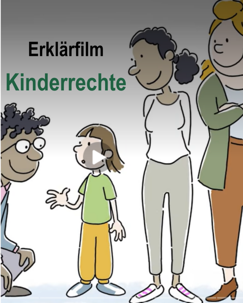Illustration aus einem Erklärfilm zu Kinderrechten mit Kindern und Erwachsenen in einer Gesprächssituation. Im Bild steht der Titel „Erklärfilm Kinderrechte"