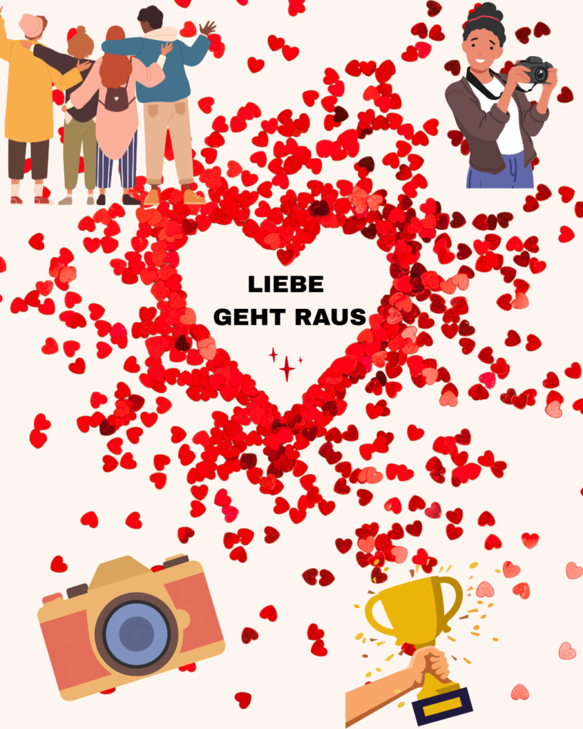Grafik zum Filmpreis „Liebe geht raus“ mit rotem Herzmotiv, verstreuten Herzen, Kamera, Filmtrophäe und Menschenillustrationen als Symbol für Kreativität, Gemeinschaft und filmisches Engagement.