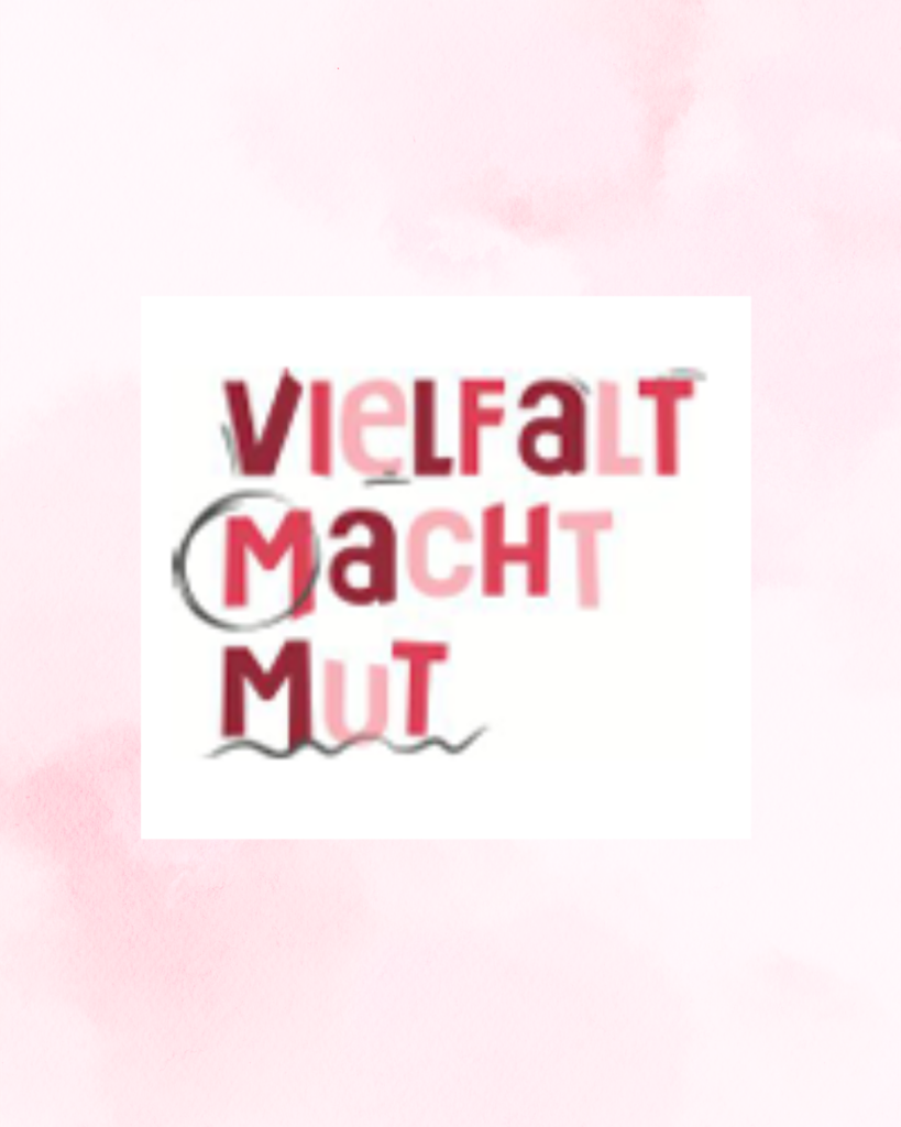Logo „Vielfalt macht Mut“ auf hellem Hintergrund in verschiedenen Rosatönen. Grafik für ein Projekt, eine Initiative oder Veranstaltung zu Vielfalt, Demokratie und gesellschaftlichem Zusammenhalt.