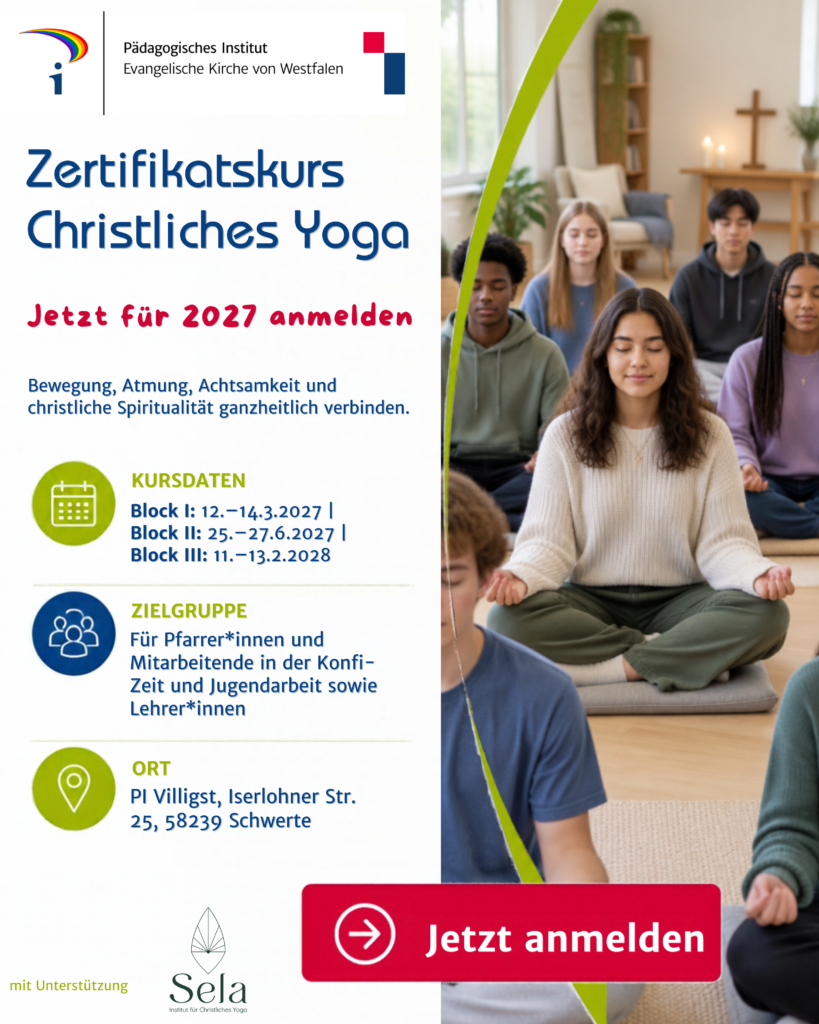 Werbegrafik zum Zertifikatskurs „Christliches Yoga“ des Pädagogischen Instituts der Evangelischen Kirche von Westfalen mit Informationen zu Kursdaten, Zielgruppe und Veranstaltungsort in Schwerte